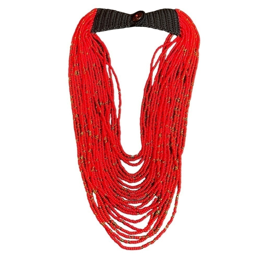 Handmade Artisan Red & Gold Seed Bead Layered‎ Necklace With Crocheted Closure